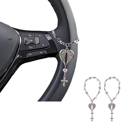 Steering Wheel Cross - Car Rosary Charm with Crystal Beads | Christian Gift for Car & Rearview Mirror | Protective Blessing Ornament | 2 Pack