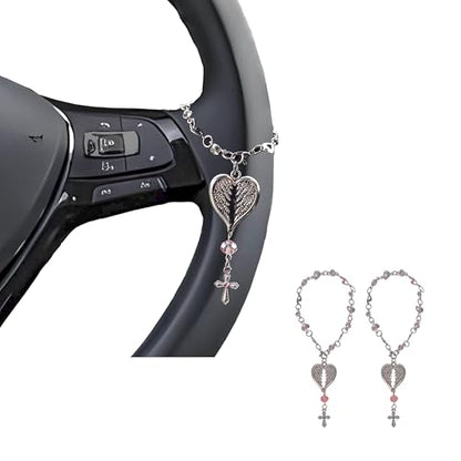Steering Wheel Cross - Car Rosary Charm with Crystal Beads | Christian Gift for Car & Rearview Mirror | Protective Blessing Ornament | 2 Pack