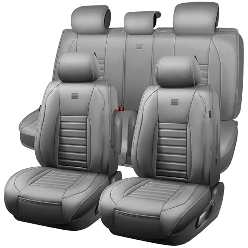 CAR PASS Nappa Leather Car Seat Covers Full Set, Luxury Seat Protector for Cars, Waterproof Anti-Slip Car Seat Cushion Armrest Compatible Airbag Universal for Sedan SUV Pick-up Truck Automotive, Gray - color: Gray Leather, size: Full Set