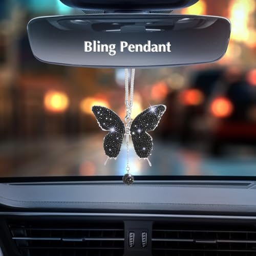 ARTILAURA 11 PCS Bling Car Accessories Set for Women Steering Wheel Covers Butterfly Hanging Seat Belt Cover Air Vent Clips Coasters Cute Glitter Diamond AUTO Accessories Kit (Black) - color: Black