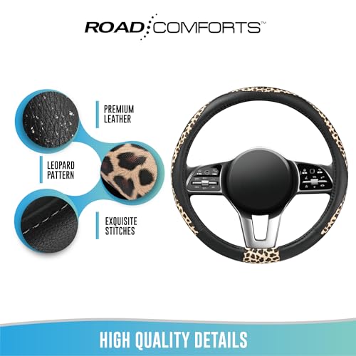 Road Comforts Steering Wheel Cover - Made with PVC Leather and Leopard Fabric - Universal 14 1/2 inches to 15 inches for Most Automotive Steering Wheel - Cheetah Print - Black