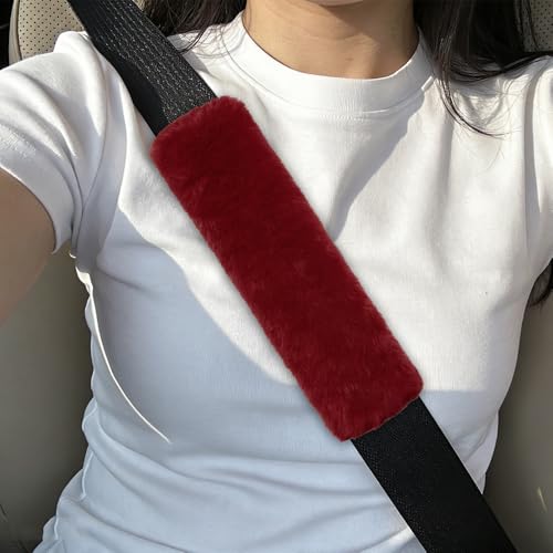2PCS Car Seat Belt Cover Pads, Fluffy Car Seatbelt Covers, Soft & Comfortable Plush Seat Belt Cushion Protects Shoulder, Auto Safety Belt Strap Cover to Protect Your Neck (Wine Red) - color: Wine Red