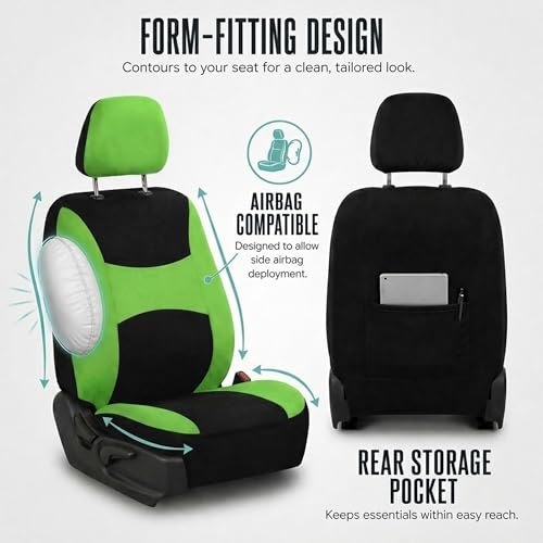 Automotive Seat Covers Green Universal Fit Combo Set with Steering Wheel Cover and Seat Belt Pad fits most Cars, SUVs, and Trucks (Airbag Compatible and Split Bench) FH Group FB030GREEN-COMBO - color: Green