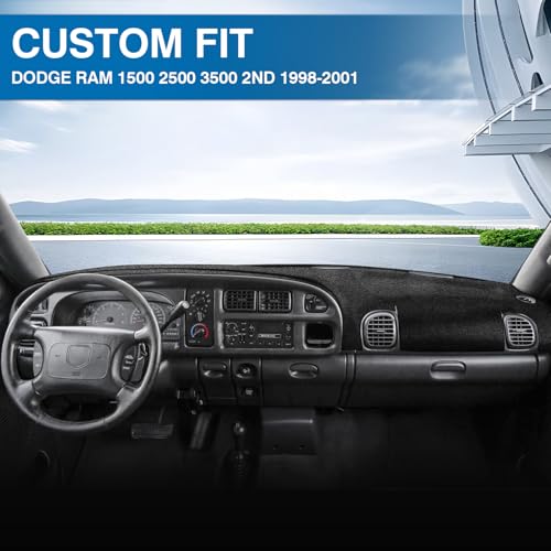 KUST Black Dash Cover for 1998-2001 Dodge Ram 1500 2500 3500 Polyester Dashboard Cover Non-Slip Center Console Dash Cover Interior Accessories for Ram Pickup Sunshade No Glare