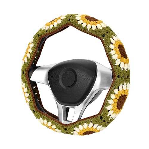 Crochet Steering Wheel Cover Set,Cute Steering Wheel Cover Boho 14-15 in,Handmade Sunflower Granny Square Decor for Women,Hippie Car Accessories for Vehicles (A Wheel Cover)