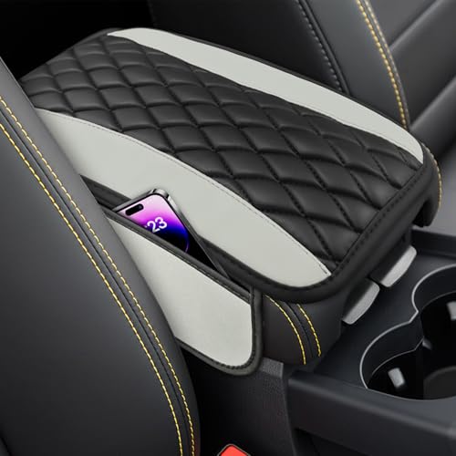 Car Center Console Cover, Anti-Slip Leather Car Armrest Decor Cushion with 2 Storage Bags, Double Color Auto Armrest Box Pad Cover, Universal Protective Cover for Cars Trucks SUV (White) - color: White