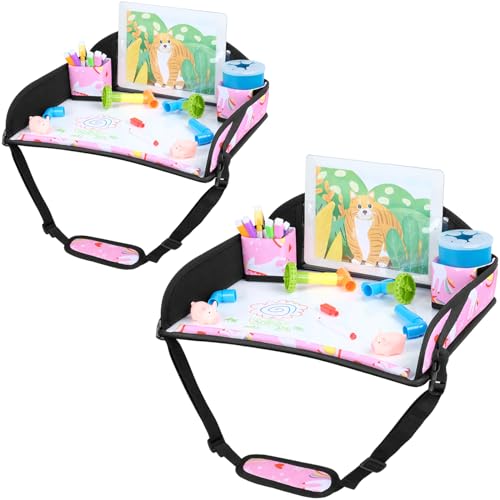 COOLBEBE Kids Travel Tray for Car Seat & Airplane, Toddler Lap Tray with Pen & ipad Stand, Portable Car Seat Table with Cup Holders & Raised Edges, Pink Unicorn, 2-Pack - color: Pink Unicorn -2PCS