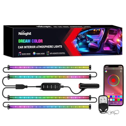 Nilight 4PCS Interior Car Strip Lights Cigarette Lighter Dream Color RGB-IC 12V DC with App Remote Control Multicolor Under Car Dash Lighting 2 Lines Design Music Sync Mode for Cars Truck ATV UTV - color: APP+Remote Dream Color Lights