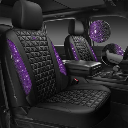 CAR PASS Bling Diamond Leather Car Seat Covers Full Seats Interior Sets, Waterproof Shining Glitter Sparkly Crystal Universal Armrest Fit Automotive Truck SUV Cute Women Girl, Black Purple Rhinestone - color: Purple Rhinestone, size: Full Set