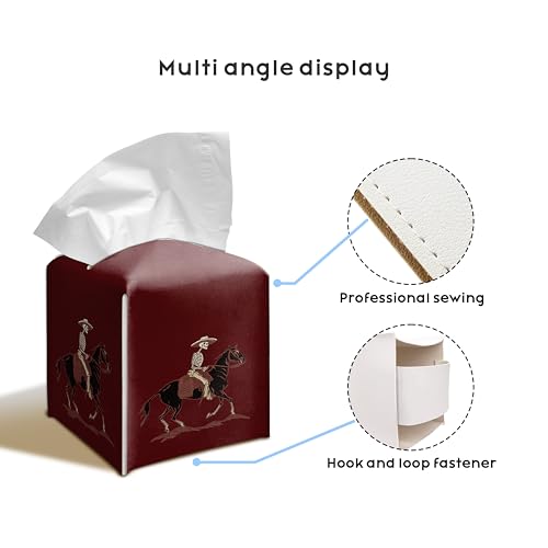 Skeleton Horse Rider 5.2-Inch Square PU Leather Tissue Box Cover – Rustic Gothic Rodeo Style, Hand-Stitched, Removable Liner, Bathroom, Bedroom, Living Room, Office Gift - color: Horse