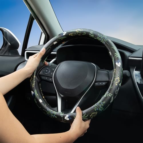 Boho Floral Steering Wheel Cover Auto Leather Steering Wheel Protector, Anti-Slip, Breathable, Absorbing Sweat, Universal Floral Car Accessories 14.5–15 inch,Fit for Most Car, Trucks, SUV - style: Boho Floral