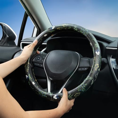 Boho Floral Steering Wheel Cover Auto Leather Steering Wheel Protector, Anti-Slip, Breathable, Absorbing Sweat, Universal Floral Car Accessories 14.5–15 inch,Fit for Most Car, Trucks, SUV - style: Boho Floral