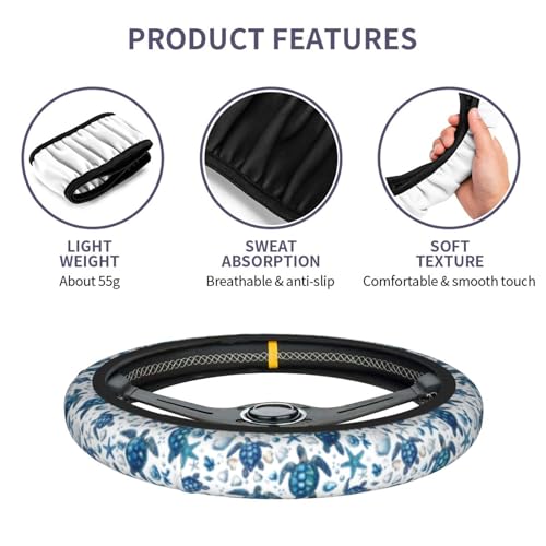 Sea Turtle Steering Wheel Cover Elastic Non-Slip Car Steering Wheel Covers with Seat Belt Shoulder Pad for Women Men - color: Sea Turtle