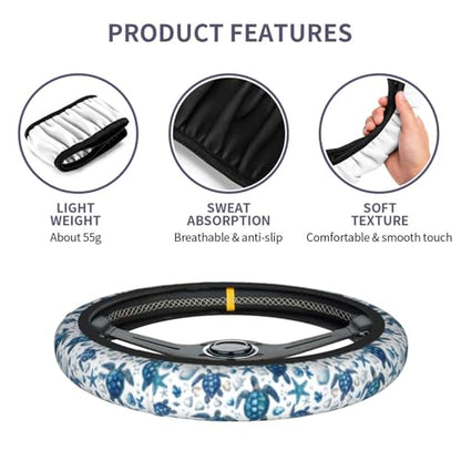 Sea Turtle Steering Wheel Cover Elastic Non-Slip Car Steering Wheel Covers with Seat Belt Shoulder Pad for Women Men - color: Sea Turtle