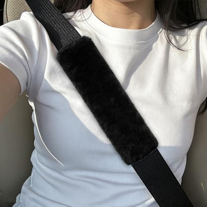 2PCS Car Seat Belt Cover Pads, Fluffy Car Seatbelt Covers, Soft & Comfortable Plush Seat Belt Cushion Protects Shoulder, Auto Safety Belt Strap Cover to Protect Your Neck (Black) - color: Black