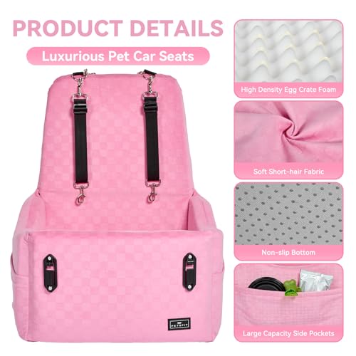 PETSFIT Dog Car Seat for Small/Medium Dogs Up to 35 lbs – Patented Safety System, 5" Memory Foam Pet Booster Car Seat, Fully Detachable and Washable Dog Carseat with 2 Storage Pockets (Pink) - color: Pink