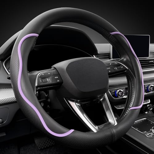 Nappa Leather Steering Wheel Cover. Stylish Striped Design, Universal fit for 14.5–15-inch Steering Wheels, Slip-Resistant and Breathable, Protects the Steering Wheel. Black and Purple - color: Black and Purple