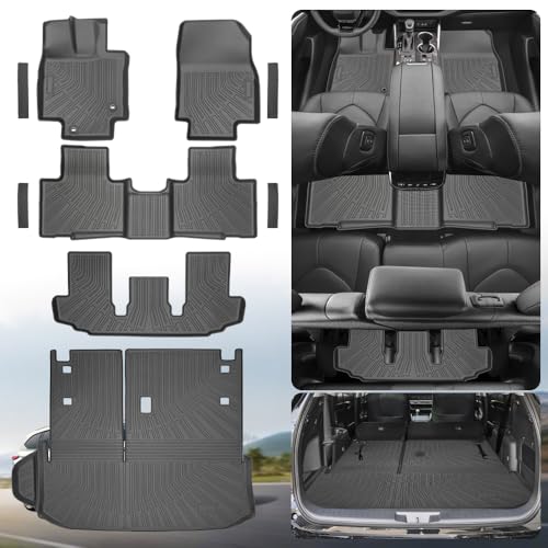 9-Piece Floor Mats & Door Sill Guards for 2020-2026 Toyota Highlander 7-Seater (Not for Grand Highlander), All-Weather TPE 1st-3rd Row Liners, Integrated Cargo & Backrest Mat, Black - size: For Highlander 7seat + Door Sill 9Pcs
