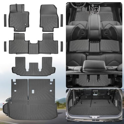 9-Piece Floor Mats & Door Sill Guards for 2020-2026 Toyota Highlander 7-Seater (Not for Grand Highlander), All-Weather TPE 1st-3rd Row Liners, Integrated Cargo & Backrest Mat, Black - size: For Highlander 7seat + Door Sill 9Pcs