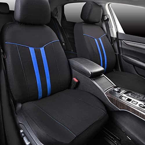 CAR-GRAND Universal Stylish Piping Cloth Car Seat Covers Full Set, Breathable and Washable Seat Covers with Air Compatible,3 Zipper Bench Design,Fit 90% Automotive,SUV,Truck,Sedan (Black-Blue Strips) - color: Black-Blue