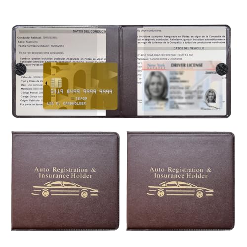 2PCS Car Registration and Insurance Holder, Waterproof Auto Card Document Glove Box Organizer with Closure, Vehicle Paperwork Organizer Document Holder for Most Cars (Gold Printing, Brown) - color: Gold Printing, Brown