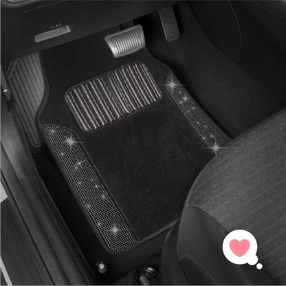 Carbella Diamond Bling Car Mats 4-Piece Set, Shiny Rhinestone Crystal Carpet Car Floor Mats, Two-Tone Floor Mats for Cars, Cute Automotive Interior Car Accessories for Women (Black)