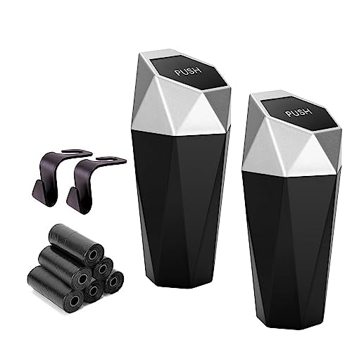 Ginsco Car Trash Can Cup Holder, 2 Pack Mini Car Trash Can with Lid, Car Accessories for Interior, Leakproof Small Trash Cup for Car, Home with Additional 2 ABS Hooks and 90pcs Trash Bags Silver - color: Silver, size: 600ml x 2