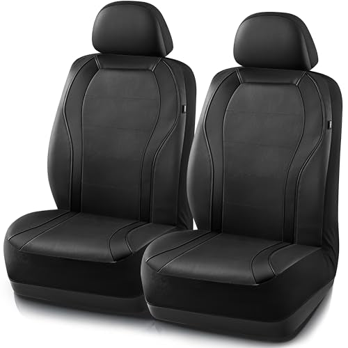 PIC AUTO Leather Car Seat Covers, Premium Automotive Waterproof Two Front Bucket Seat Protectors, Black and Black PVC Patchwork, Fits Cars, Trucks, Vans, SUVs, Airbag Compatible - color: Black, size: Two Front