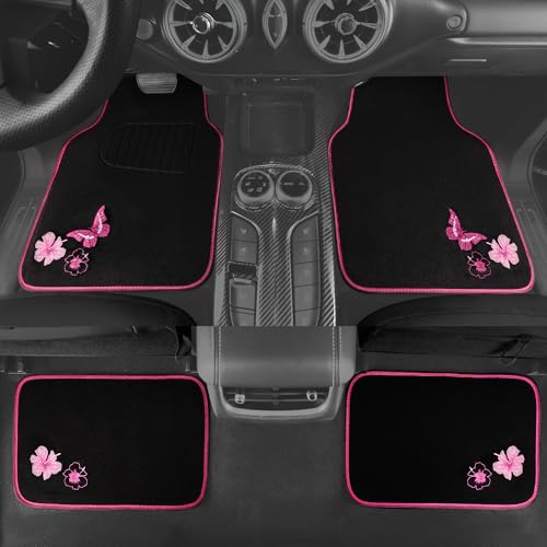 CAR PASS Embroidery Butterfly and Flower Car Floor Mats, Pink Car Floor Mats Universal Fit 95% Automotive,SUVS,Sedan,Vans,for Cute Women,Girly,Set of 4 (Black with Pink) - color: Pink Butterfly and Flower