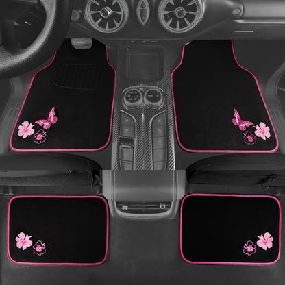 CAR PASS Embroidery Butterfly and Flower Car Floor Mats, Pink Car Floor Mats Universal Fit 95% Automotive,SUVS,Sedan,Vans,for Cute Women,Girly,Set of 4 (Black with Pink) - color: Pink Butterfly and Flower