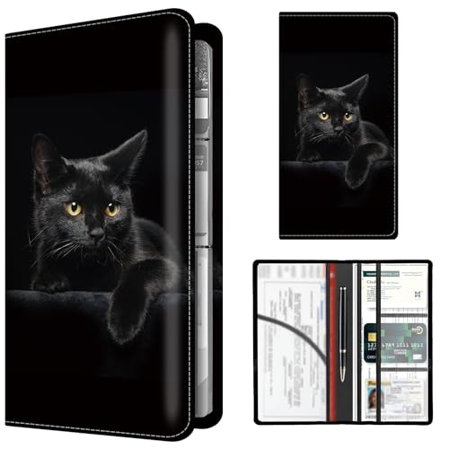 Premium Car Registration and Insurance Card Holder, Cute PU Leather Car Document Holder, Vehicle Glove Box Car Organizer with Magnetic Closure for Driver License, Cards Black Cats - color: Black Cats