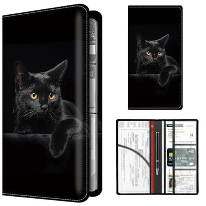 Premium Car Registration and Insurance Card Holder, Cute PU Leather Car Document Holder, Vehicle Glove Box Car Organizer with Magnetic Closure for Driver License, Cards Black Cats - color: Black Cats