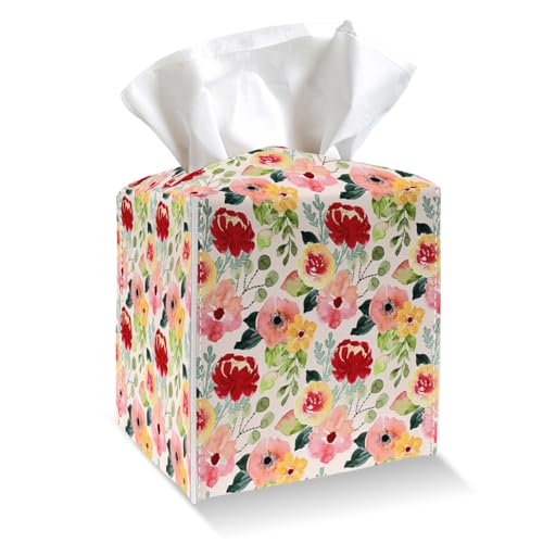 Watercolor Tissue Box Cover Holder, Colorful Flowers PU Leather Tissue Box Cover with Bottom Belt, Square Facial Paper Organizer for Tabletop, Bathroom, Kitchen, Car & Office -039 - color: Colorful Flowers