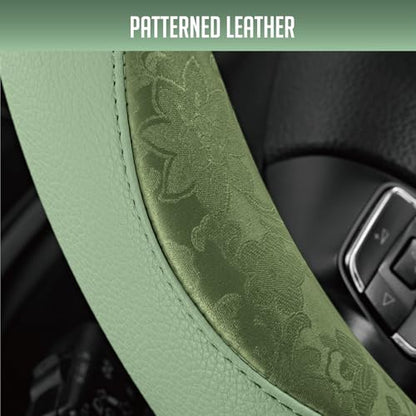 PIC AUTO Steering Wheel Cover, Green Patterned Leather Patchwork Design, Universal Fit 14.5"–15.5" D-Shape Steering Cover, Soft PU Grain Leather, Durable Grip Car Accessory for Girls & Women - color: Fits D-Shape Green