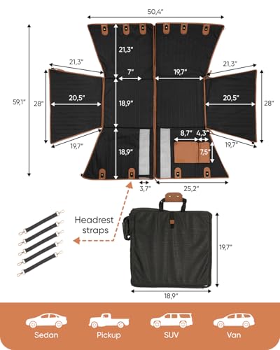 Owleys Hard Bottom Pet Seat Cover for Back Seat – Heavy Duty Waterproof Dog Hammock Bed –Travel Protector for SUVs, Sedans & Trucks – Foldable Design - 2 Pockets – Mesh Ventilation Windows