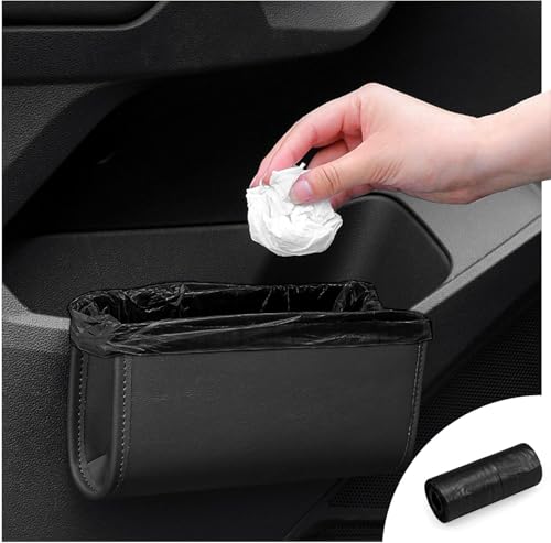 Car Trash Can, Leather Car Trash Bin Door Organizer with a Roll of Garbage Bag, Foldable Hanging Mini Cars Storage Must Have Essentials Interior Accessories(Black) - color: Black