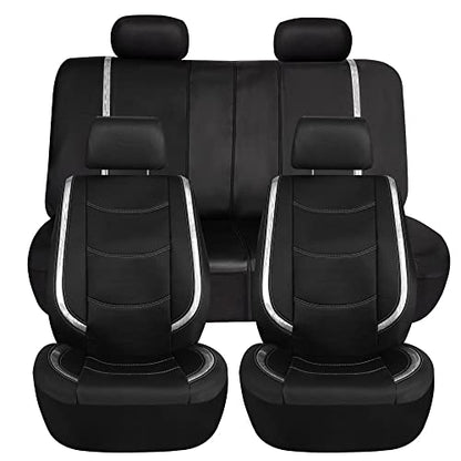 FH Group Galaxy13 Metallic Striped Deluxe Leatherette Car Seat Covers with Matching Carpet Floor Mats – Full Set, Universal Fit, Airbag Compatible for Cars, SUVs & Sedans, White - color: White