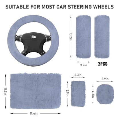 Ohleats 6 PCS Fluffy Steering Wheel Covers Set, 15'' Furry Car Wheel Cover, Soft Gear Shift & Handbrake Cover, Center Console & Seat Belt Shoulder Pads for Women, Car Accessories (Gray) - color: Gray