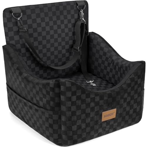 JOEJOY Elevated Dog Car Seat for Small/Medium Dogs up to 35 lbs, Memory Foam Booster Seat with Detachable Washable Cover, Travel-Safe Car Bed with Safety Belts & Storage Pockets, Black - color: Black, size: Medium