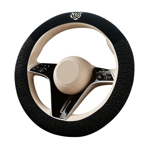 Black Camellia Lambswool Steering Wheel Cover, for Universal Auto Steering Wheel 14.5-15 in, Lambswool Fabric, Anti-Slip, Soft Plush, Comforting and Luxurious, Embroidery Patterns, Soft Texture - color: Black