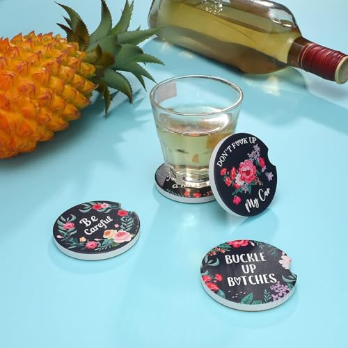 Boao 4 Pcs Floral Car Cupholder Coasters for Valentine's Day, Ceramic Coasters 2.56'' Anti Slip Base with Finger Notch for Dry Clean, Car Interior Accessories, Birthday Gifts - style: Floral