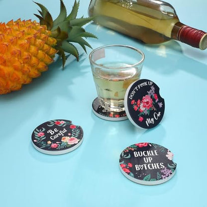 Boao 4 Pcs Floral Car Cupholder Coasters for Valentine's Day, Ceramic Coasters 2.56'' Anti Slip Base with Finger Notch for Dry Clean, Car Interior Accessories, Birthday Gifts - style: Floral