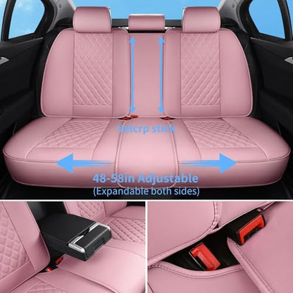Car Seat Covers Full Set Pink, Luxury Faux Leather Car Seat Covers Waterproof Non-Slip Seat Protector Universal Fit for Most Cars SUVs Trucks Pick-ups, Cute Pink Car Accessories for Women