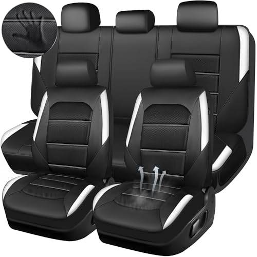 CAR PASS Memory 3D Foam Car Seat Covers Full Set, Breathable Mesh Thick Seat Covers for Cars,White Leather Seat Covers,Airbag Compatible Universal Automotive Comfort for SUVs Trucks SUV, Black White - color: black/white, size: Full Set