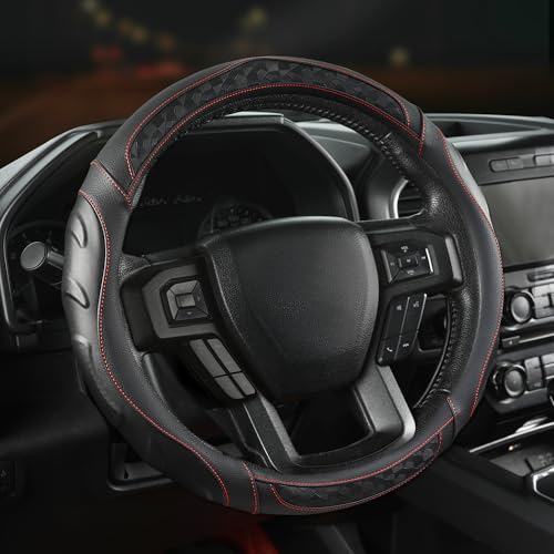 Black Seal Custom-Fit Steering Wheel Cover for Ford F-150, F-250, F-350, Expedition, 15.5–16", Anti-Slip PU Leather (Black+Red Line) - color: Black+Red Line