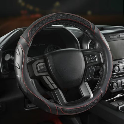 Black Seal Custom-Fit Steering Wheel Cover for Ford F-150, F-250, F-350, Expedition, 15.5–16", Anti-Slip PU Leather (Black+Red Line) - color: Black+Red Line