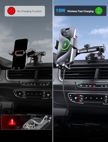 Wireless Car Charger, MOKPR 15W Fast Charging Auto Clamping Dashboard Windshield Air Vent Car Phone Holder Car Charger for iPhone 16 15/14/13/12 Pro Max Plus, Samsung S23/S22/S21,etc - style: Windshield