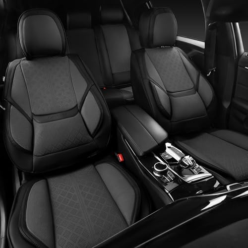 CAR PASS Nappa Leather Car Seat Covers 5 Seat, Luxury Lumbar Support Seat Cover Full Set, Waterproof Breathable Durable All Coverage Leatherette Seat Covers for SUVs,Pickups,Trucks,Vehicles (Gray) - color: Black and Gray