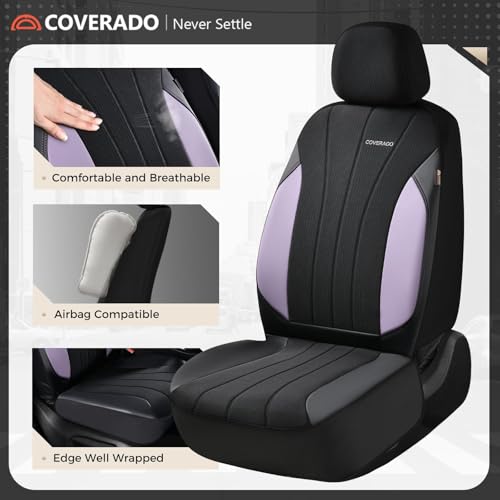 Coverado Car Seat Covers Full Set, Automotive Seat Covers 5-piece, Leather Car Protectors 5 Seats, Purple Auto Seat Covers Spill-Proof Design Universal Fit for SUV, Vans, Sedan, Truck - color: B-Purple&Black