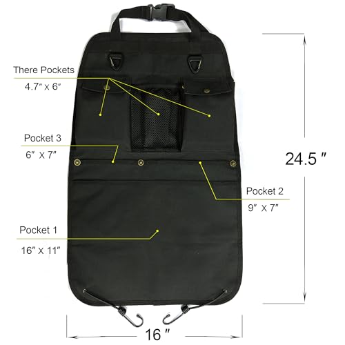 Black Car Seat Back Organizer with Multiple Pockets and Hooks
